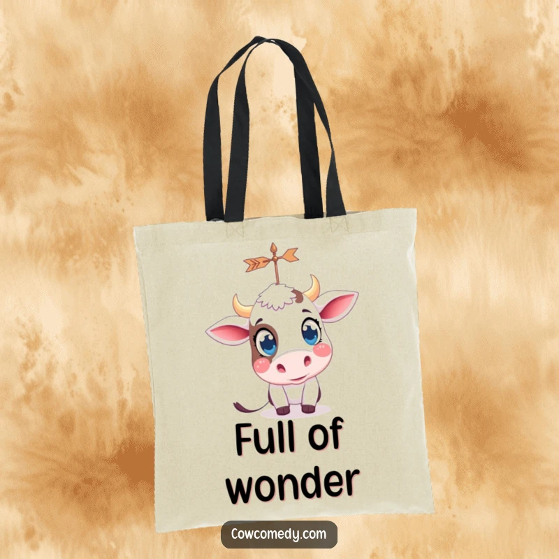Funny kawaii cow with big, curious eyes, looking at a spinning weather vane, printed on a durable tote bag.