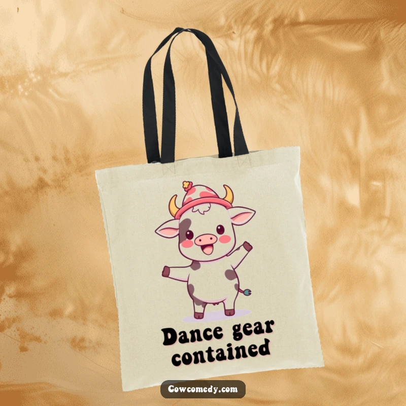 Funny kawaii cow wearing a silly hat, joyfully dancing, printed on a durable tote bag, exuding pure fun.