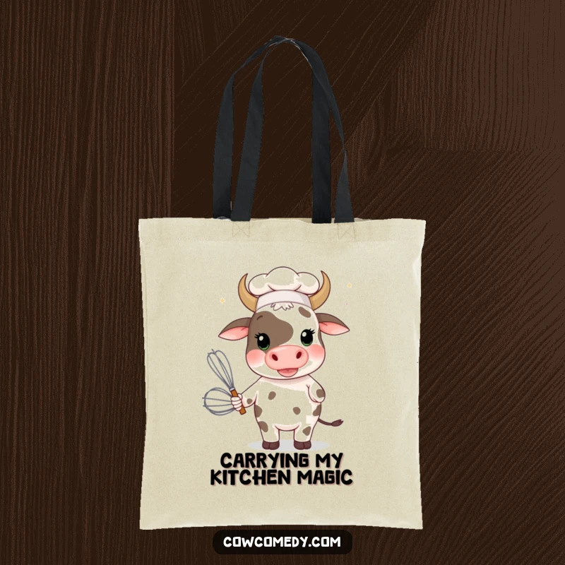 Funny cow wearing a chef hat and holding a giant whisk on a tote bag, perfect for grocery shopping with humor.