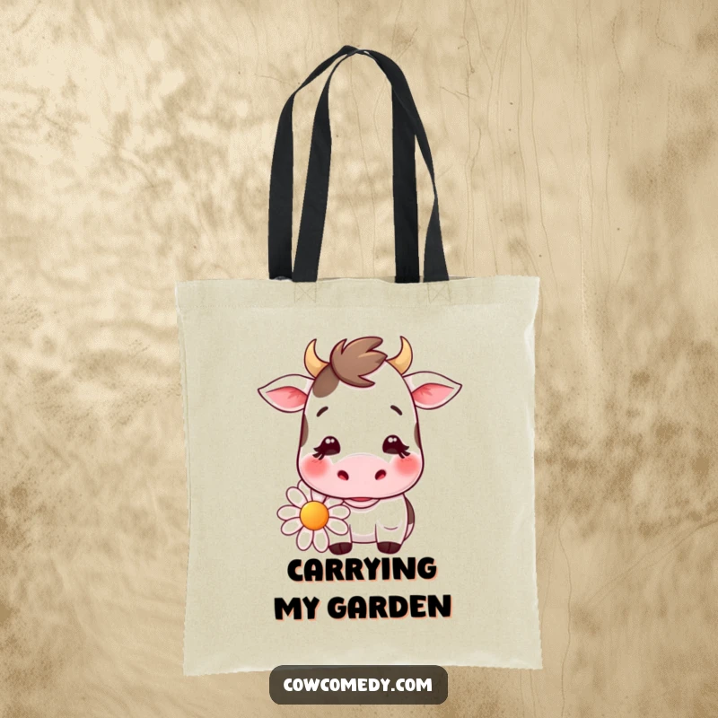 Funny kawaii cow tote bag featuring a smiling cow chewing a large daisy, perfect for shopping trips and carrying daily necessities.