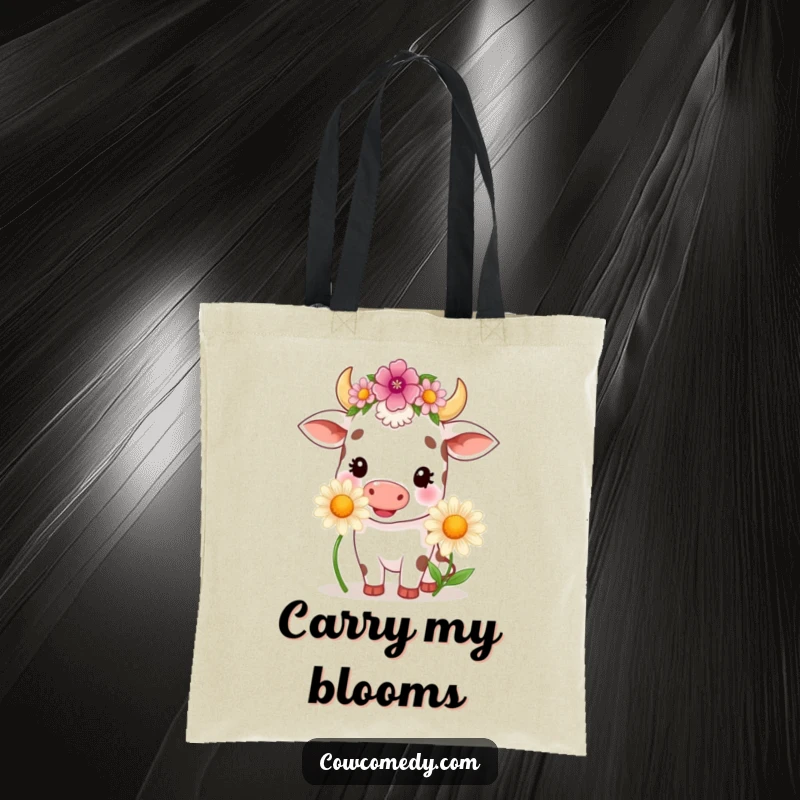 Funny kawaii cow wearing a flower crown, contentedly chewing a large daisy, printed on a durable tote bag.