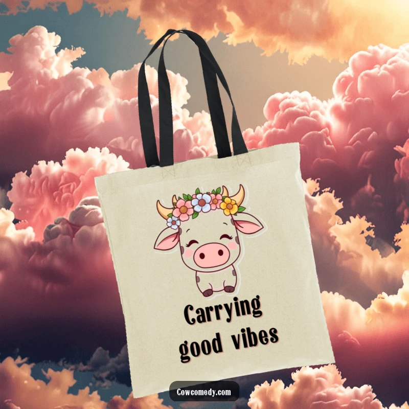 Funny kawaii cow tote bag featuring a serene cow wearing a flower crown, looking content, perfect for shopping and daily use.