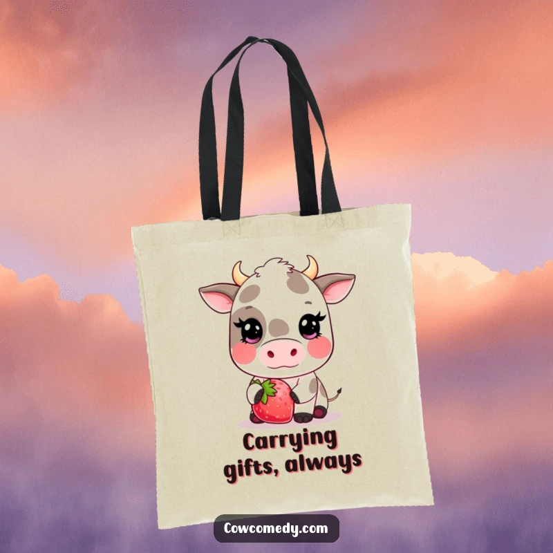 Funny kawaii cow tote bag with a cute, blushing cow offering a giant strawberry, perfect for carrying essentials with style.