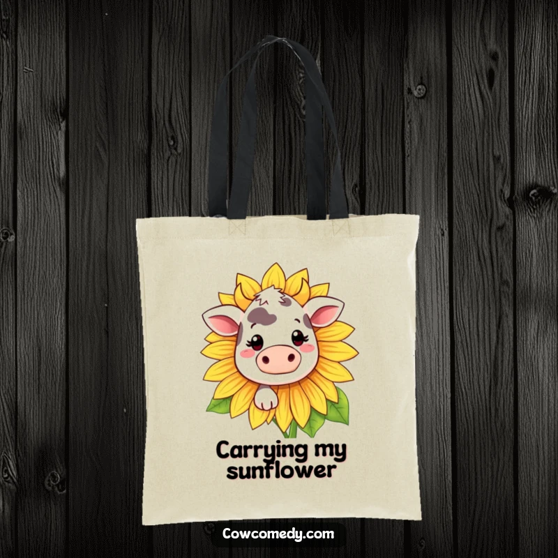 Funny Kawaii cow tote bag showing a shy cow peeking from behind a sunflower, a stylish and cute accessory.
