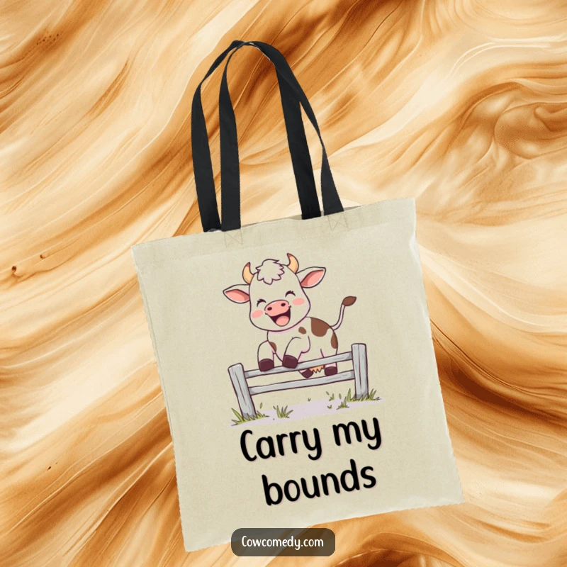 Funny tote bag with a joyful cow leaping over fence, mid-moo, perfect for shopping and carrying essentials, great gift.