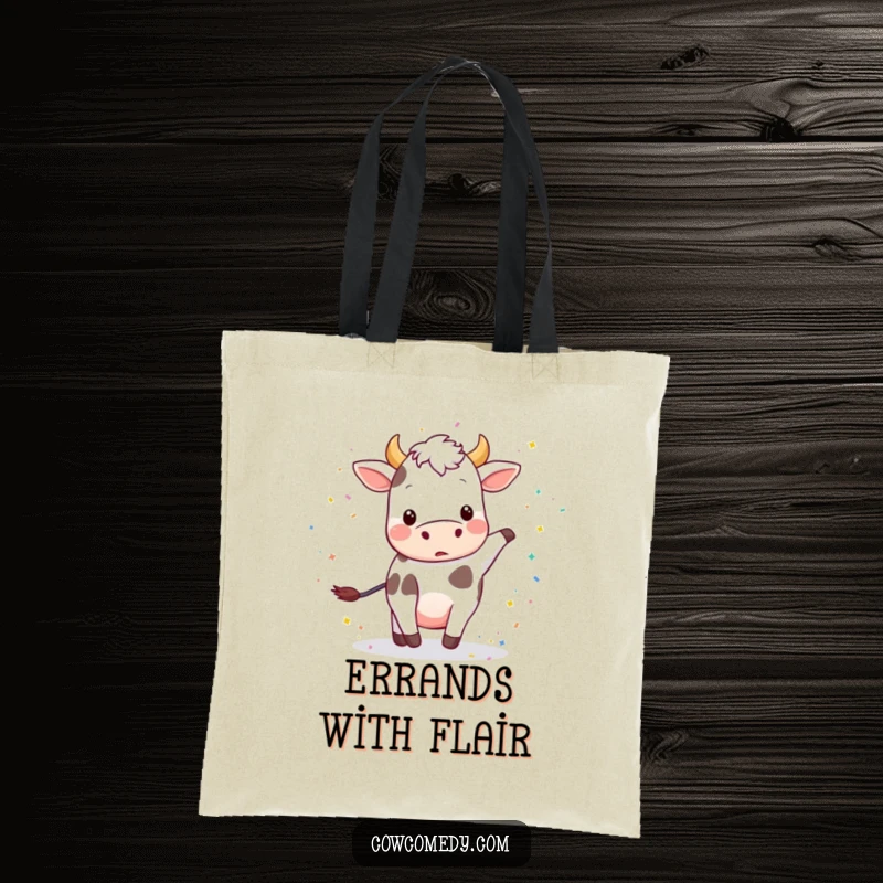 Funny tote bag showing a mischievous cow kicking up a delightful burst of colorful confetti.