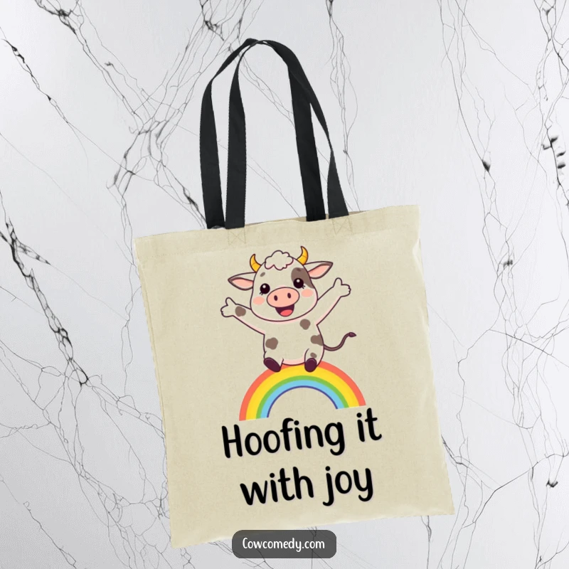 Funny cow leaping over a small rainbow on a practical tote bag, ideal for carrying daily items with joy.