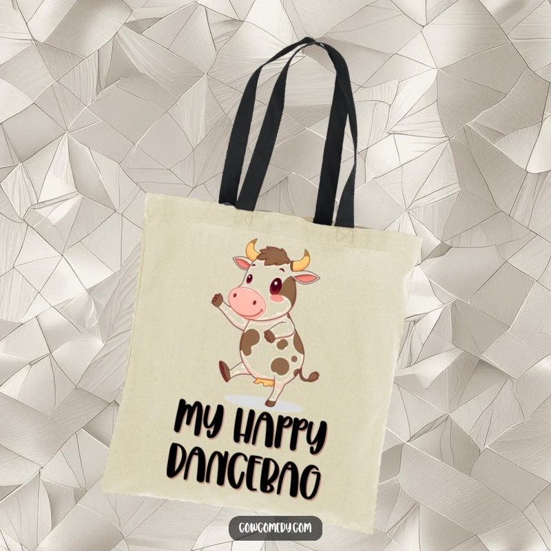 Funny Tote Bag showcasing a cheerful cow dancing a jig with its hooves, ideal for carrying essentials with humor.